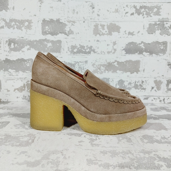 NEW Marc Fisher Taupe Tan Suede Lina Chunky Platform Heeled Loafers D1034 - Picture 6 of 11